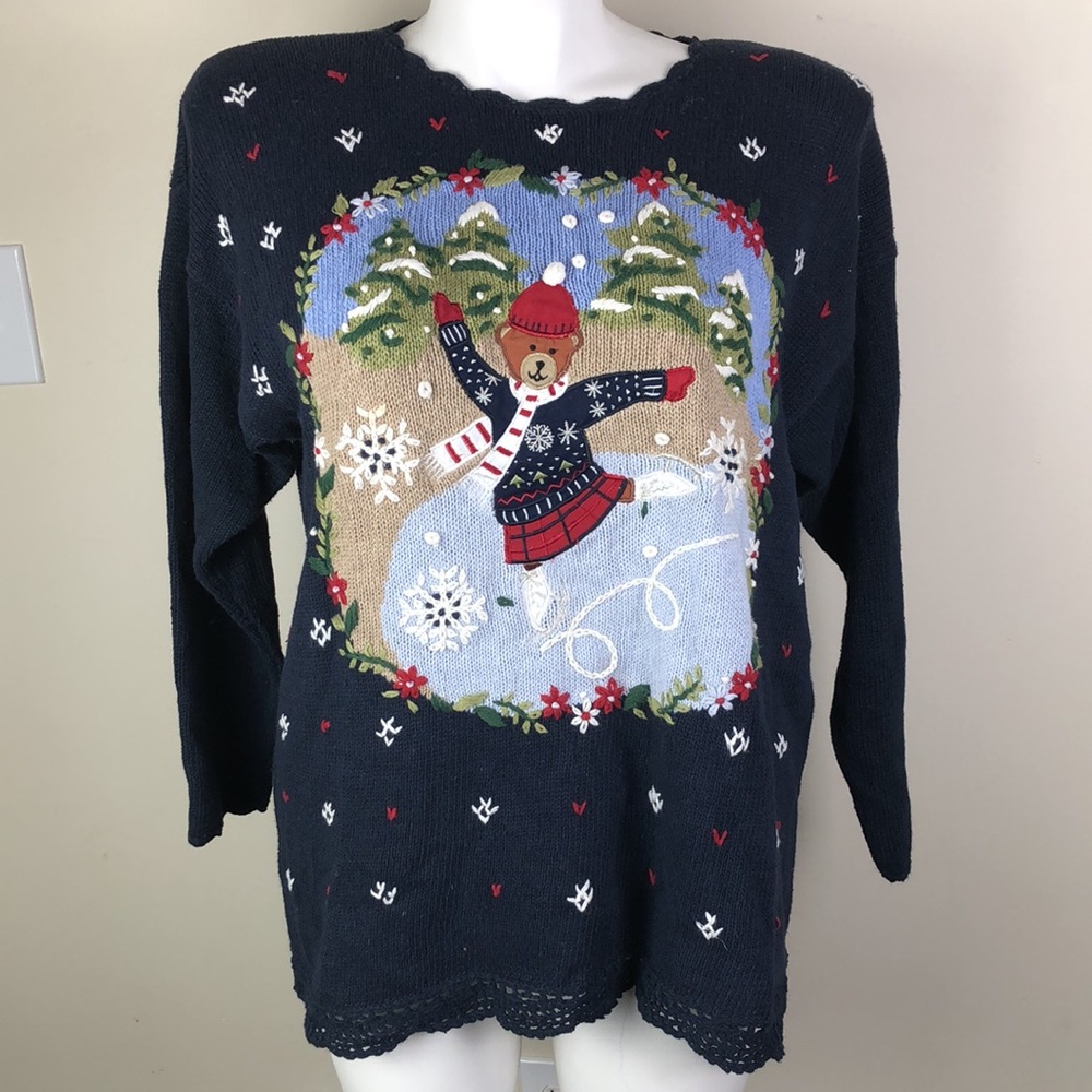 Vintage Ice Skating Teddy Bear Winter Scene Sweater